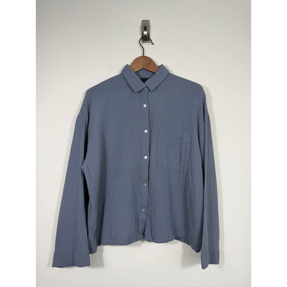 H&M Tops - H&M Blue Cotton Gauze Button Front Shirt Oversized Pocket Medium